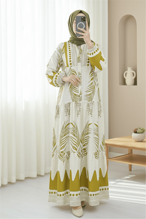 Dik Yaka Yarım Düğmeli Yaprak Desen Elbise -Krem-Elbise-199-60614-R28