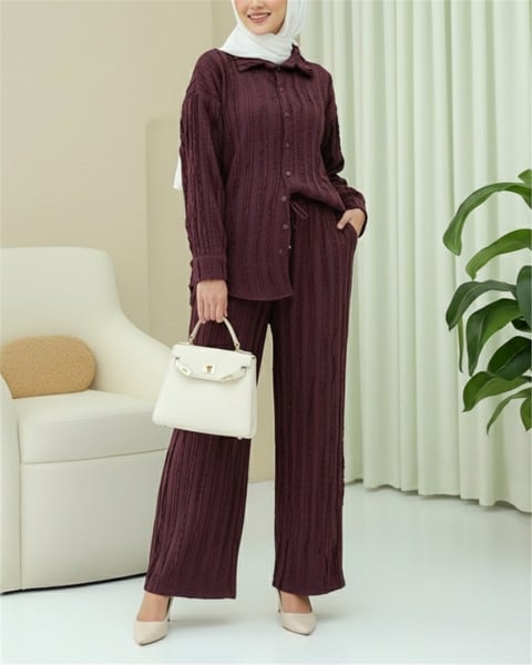 Dokulu Düğmeli Dikey Şeritli Pantolon Gömlek Takım -Mürdüm-Takım-398-4023-R09
