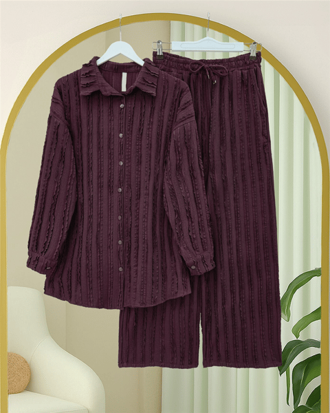 Dokulu Düğmeli Dikey Şeritli Pantolon Gömlek Takım -Mürdüm-Takım-398-4023-R09