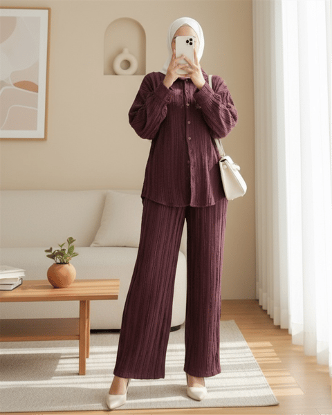 Dokulu Düğmeli Dikey Şeritli Pantolon Gömlek Takım -Mürdüm-Takım-398-4023-R09
