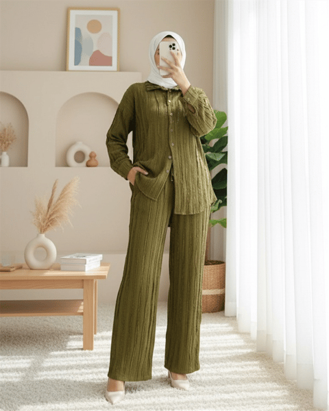 Dokulu Düğmeli Dikey Şeritli Pantolon Gömlek Takım  -Yağ Yeşili-Takım-398-4023-R72
