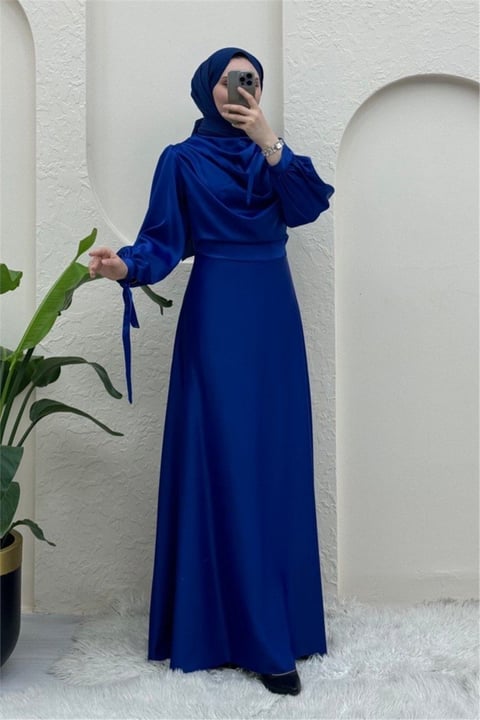 Döküm Yaka Bileği Bağcık Detaylı Abiye -Saks-Abiye-386-6119-R10