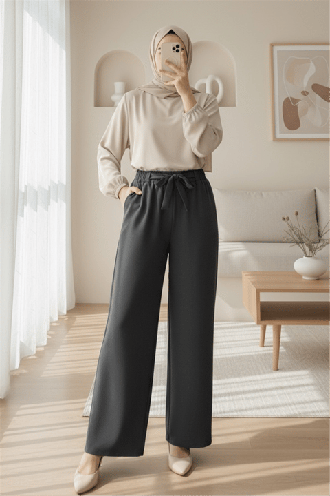 Duble Kumaş Beli Kuşaklı Bol Paça Pantolon    -Füme-Pantolon-400-156-R18