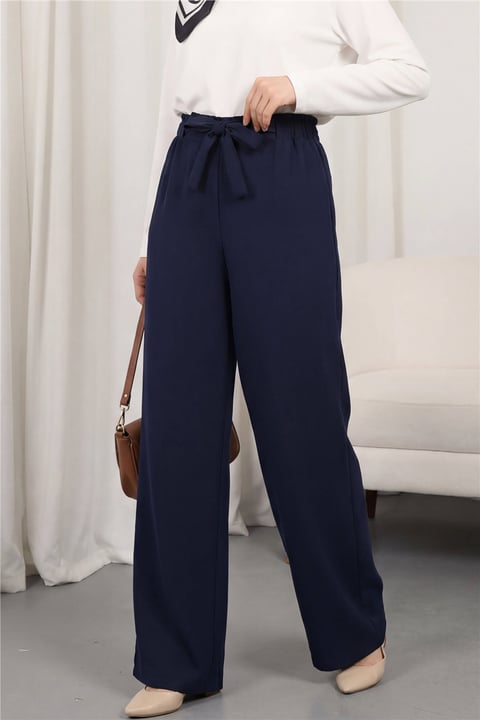 Duble Kumaş Beli Kuşaklı Bol Paça Pantolon -Laci-Bol Paça Pantolon-400-156-R03