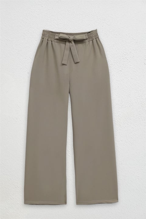 Duble Kumaş Beli Kuşaklı Bol Paça Pantolon -Vizon-Bol Paça Pantolon-400-156-R23