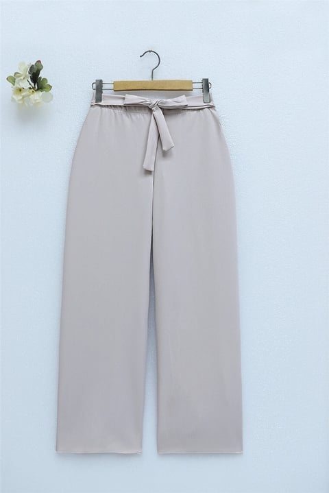 Duble Kumaş Beli Kuşaklı Bol Paça Pantolon -Bej-Pantolon-400-156-R56