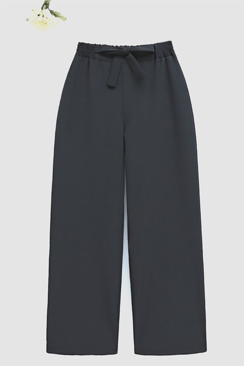بنطلون واسع الساق من القماش بحزام خصر مزدوج - أسود-Bol Paça Pantolon-400-156-R01