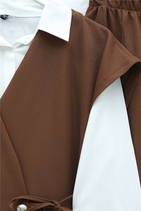 Düğme Detaylı Çift Bağcıklı Yelek Pantolon Double Krep Takım -Taba-Takım-349-8065-R12