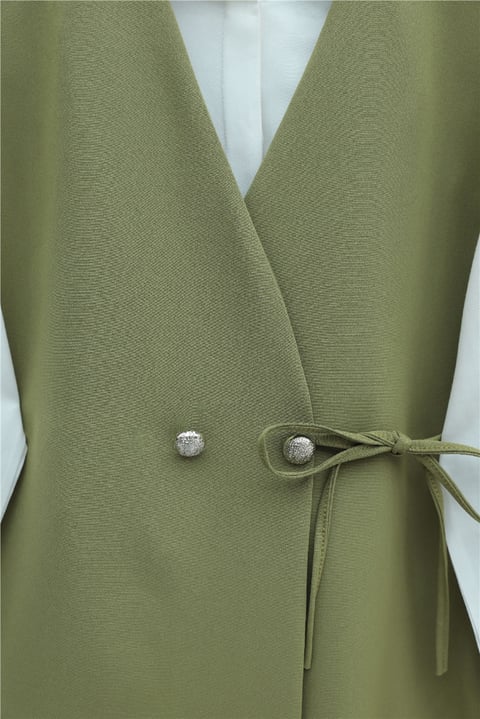 Düğme Detaylı Çift Bağcıklı Yelek Pantolon Double Krep Takım -Haki-Takım-349-8065-R05