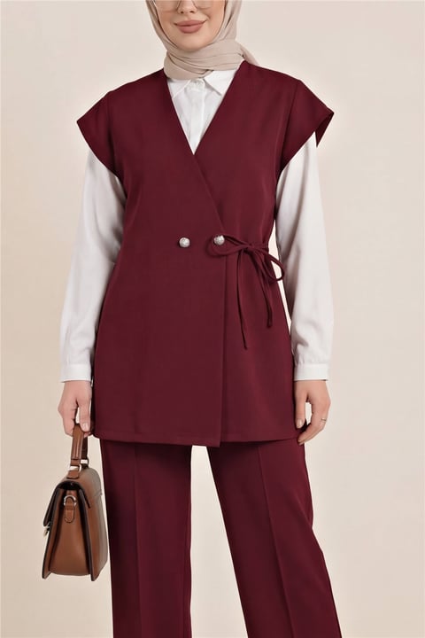 Düğme Detaylı Çift Bağcıklı Yelek Pantolon Double Krep Takım -Bordo-Takım-349-8065-R04
