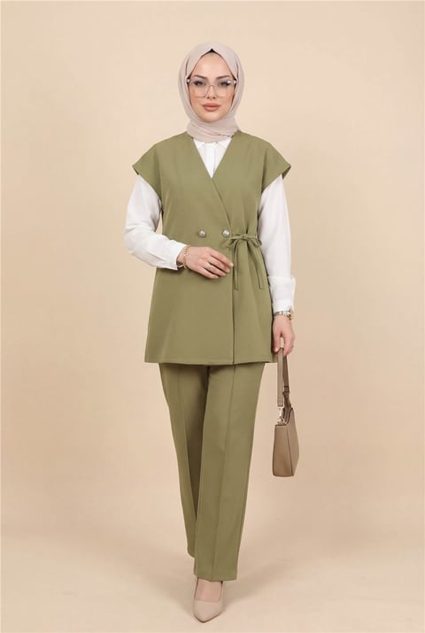 Düğme Detaylı Çift Bağcıklı Yelek Pantolon Double Krep Takım -Haki-Takım-349-8065-R05