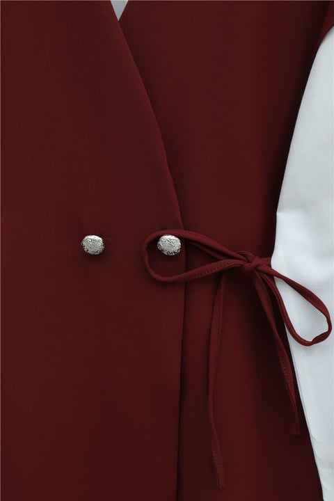 Düğme Detaylı Çift Bağcıklı Yelek Pantolon Double Krep Takım -Bordo-Takım-349-8065-R04