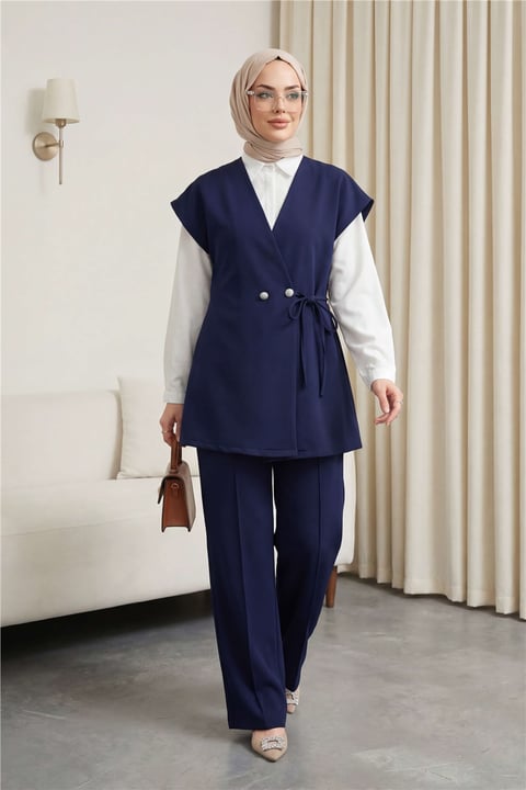 Düğme Detaylı Çift Bağcıklı Yelek Pantolon Double Krep Takım -Laci-Takım-349-8065-R03