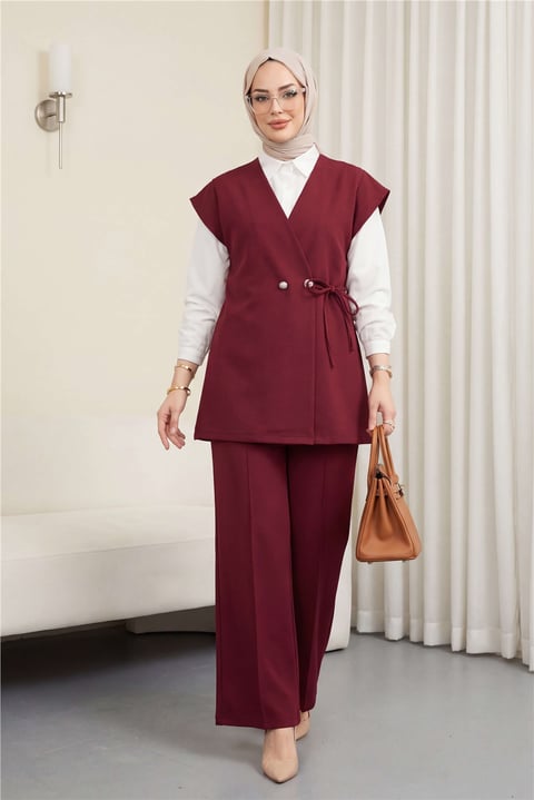 Düğme Detaylı Çift Bağcıklı Yelek Pantolon Double Krep Takım -Bordo-Takım-349-8065-R04