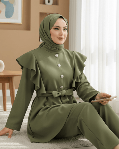 Düğme Detaylı Dik Yaka Omuzu Fırfırlı Scuba Takım    -Haki-Takım-349-6099-R05