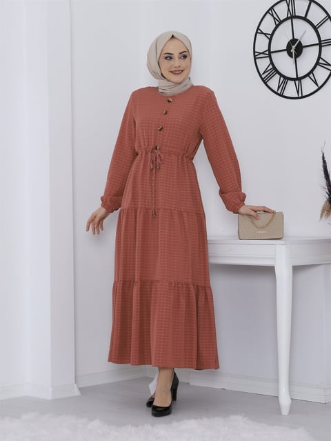 Düğme Detaylı Tünel Bağcıklı Bürümcük Elbise -G.Kurusu