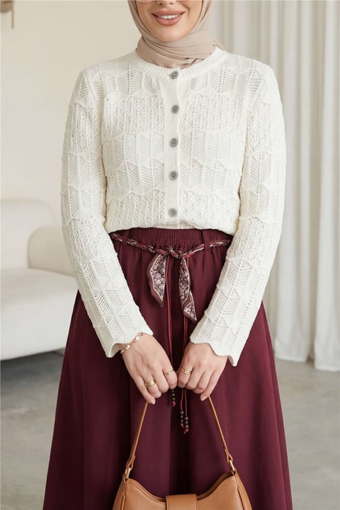 Düğmeli Ajurlu Pamuk Triko Hırka -Ekru-Hırka-109-0024-R07