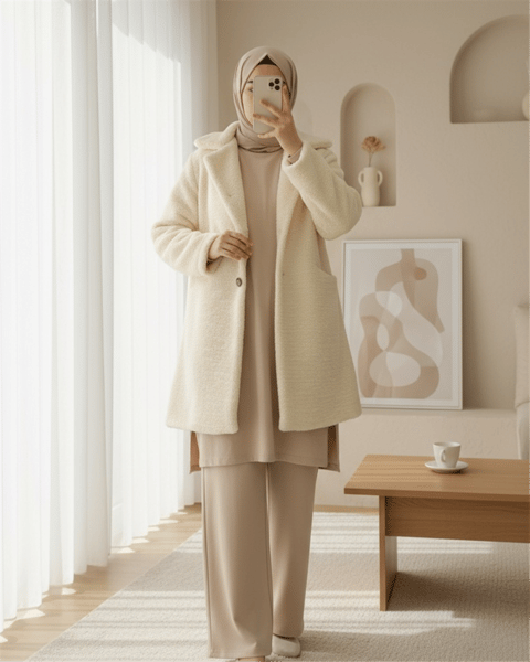 Düğmeli Astarlı Önden Cepli Peluş Kaban -Bej-Kaban-197-2707-R56