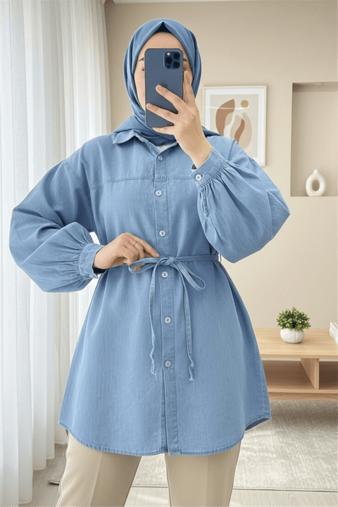 Düğmeli Beli Bağcıklı Kot Gömlek -Açık Mavi-Gömlek-199-263-R25