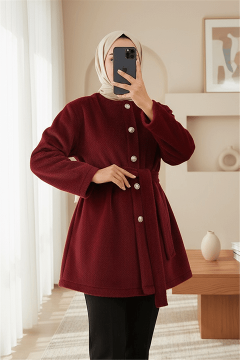 Düğmeli Beli Bağlamalı Kürklü Ceket  -Bordo-Ceket-111-50719-R04