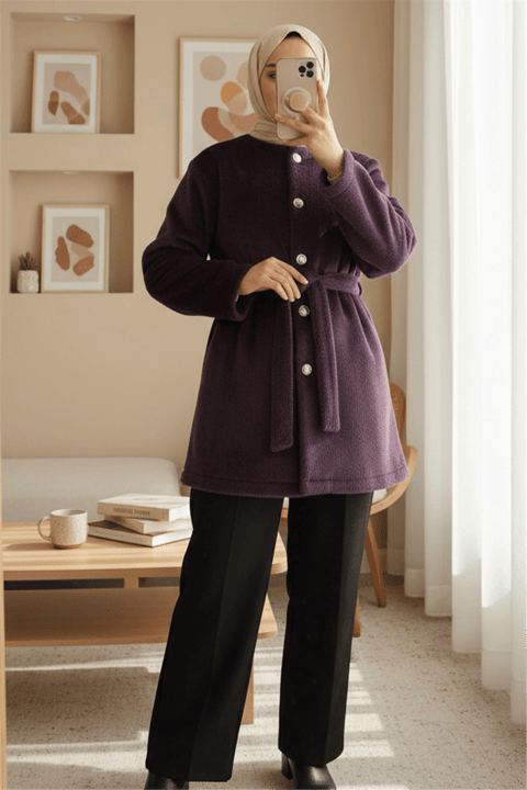 Düğmeli Beli Bağlamalı Kürklü Ceket  -Mürdüm-Ceket-111-50719-R09