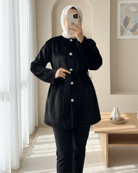 Düğmeli Beli Bağlamalı Kürklü Ceket -Siyah-Ceket-111-50719-R01