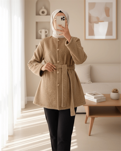 Düğmeli Beli Bağlamalı Kürklü Ceket   -Vizon-Ceket-111-50719-R23