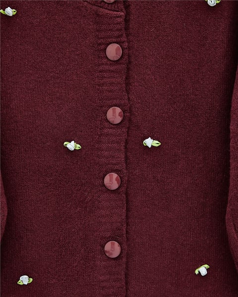 Düğmeli Çiçek Detaylı Yumoş Hırka -Bordo-Hırka-295-1282-R04