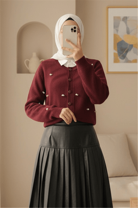 Düğmeli Çiçek Detaylı Yumoş Hırka -Bordo-Hırka-295-1282-R04