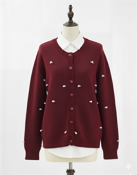 Düğmeli Çiçek Detaylı Yumoş Hırka -Bordo-Hırka-295-1282-R04