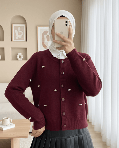 Düğmeli Çiçek Detaylı Yumoş Hırka -Bordo-Hırka-295-1282-R04