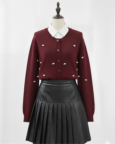 Düğmeli Çiçek Detaylı Yumoş Hırka -Bordo-Hırka-295-1282-R04