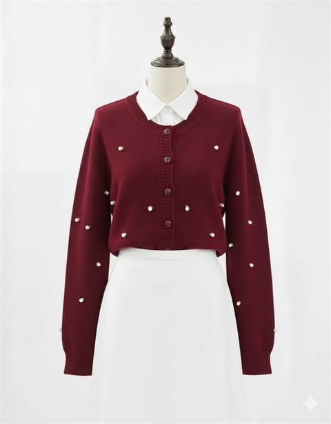 Düğmeli Çiçek Detaylı Yumoş Hırka -Bordo-Hırka-295-1282-R04