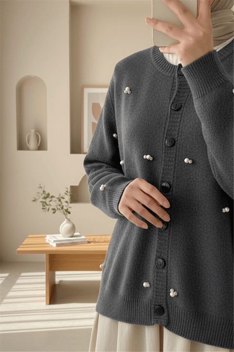 Düğmeli Çiçek Detaylı Yumoş Hırka -Füme-Hırka-295-1282-R18