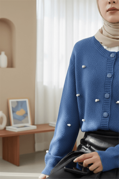 Düğmeli Çiçek Detaylı Yumoş Hırka -Mavi-Hırka-295-1282-R31