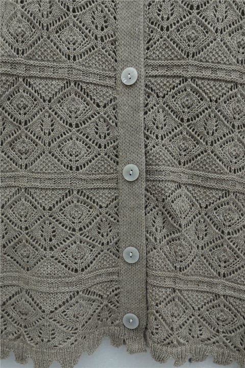 Düğmeli Desenli Ajurlu Triko Hırka  -Açık Kahve-Hırka-109-1223-R76