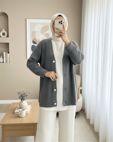 Düğmeli Fitilli  Triko Hırka -Füme-Triko Hırka-357-6164-R18