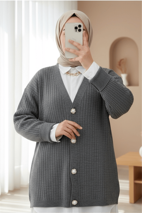 Düğmeli Fitilli  Triko Hırka -Füme-Triko Hırka-357-6164-R18