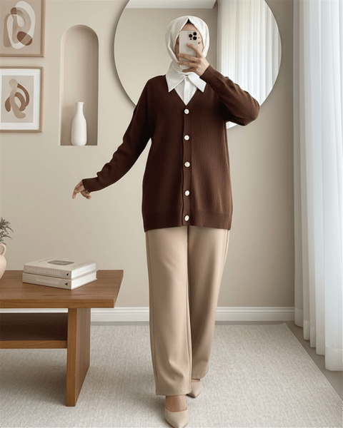 Düğmeli Fitilli Triko Hırka  -K. Kahve-Hırka-109-9740-R54