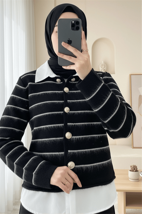 Düğmeli Gömlek Detaylı Triko Hırka -Siyah-Hırka-357-6211-R01