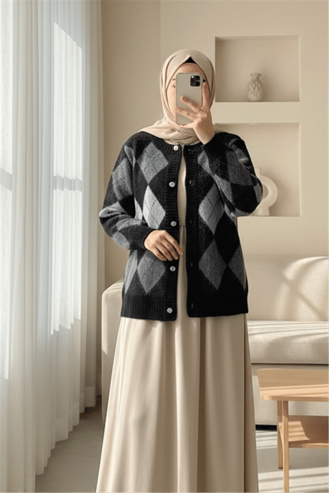 Düğmeli Kare Desenli Çift Kat Triko Hırka -Siyah-Hırka-357-5585-R01