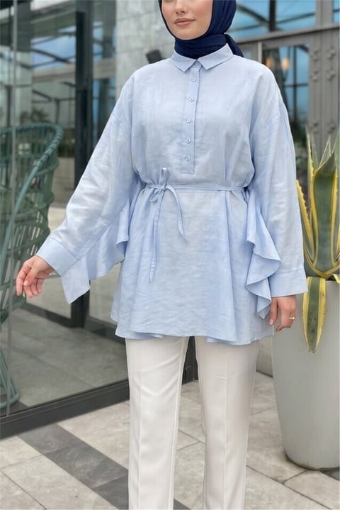 Düğmeli Kemerli Yarasa Kol Volanlı Oversize Modal Tunik  -Bebe Mavi-Tunik-307-0136-R32