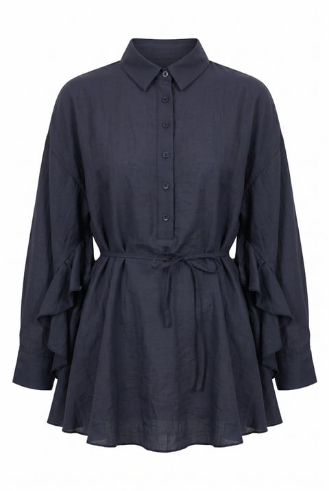 Düğmeli Kemerli Yarasa Kol Volanlı Oversize Modal Tunik  -Lacivert-Tunik-307-0136-R03
