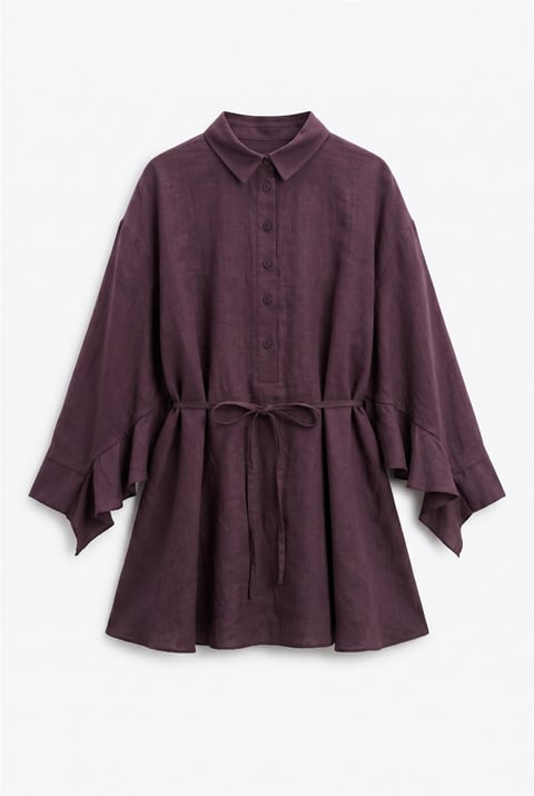 Düğmeli Kemerli Yarasa Kol Volanlı Oversize Modal Tunik  -Mürdüm-Tunik-307-0136-R09