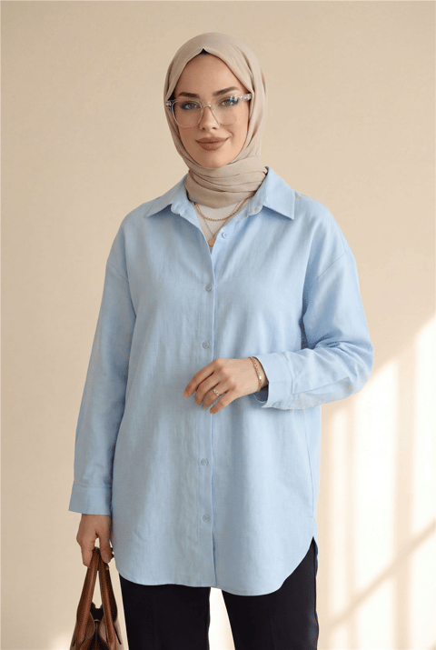 Düğmeli Keten Gömlek  -Bebe Mavi-Gömlek-357-2136-R32