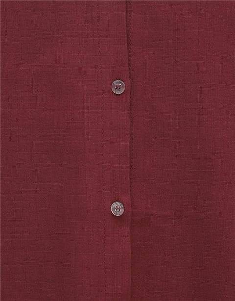 Düğmeli Keten Gömlek  -Bordo-Gömlek-357-2136-R04