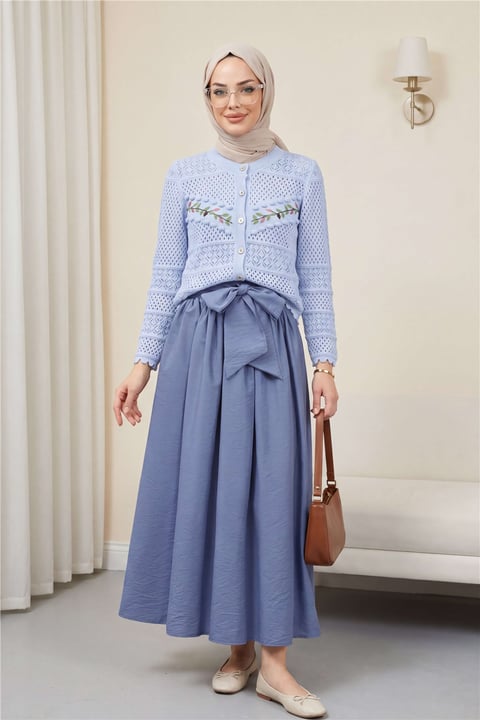 Düğmeli Önü Nakışlı Ajurlu Triko Hırka   -Bebe Mavi-Hırka-109-0997-R32