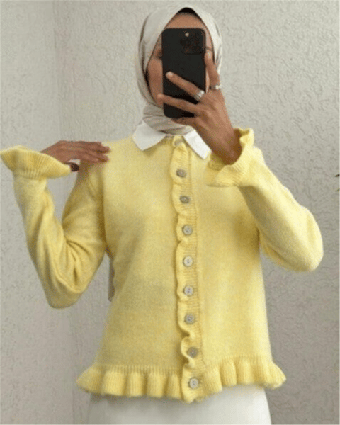 Düğmeli Önü Ve Eteği Fırfırlı Hırka -Açık Sarı-Hırka-307-43478-R75