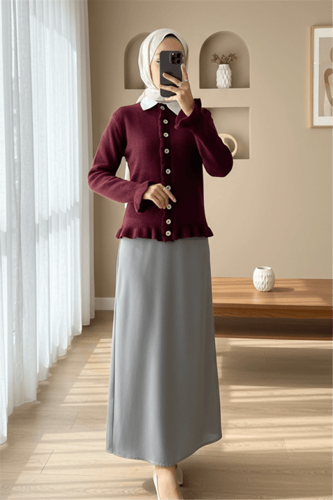 Düğmeli Önü Ve Eteği Fırfırlı Hırka -Bordo-Hırka-307-43478-R04