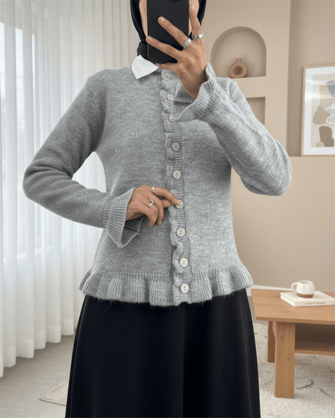 Düğmeli Önü Ve Eteği Fırfırlı Hırka -Gri-Hırka-307-43478-R11